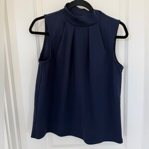 Ann Taylor Navy Sleeveless Mock Neck Pleated Blouse